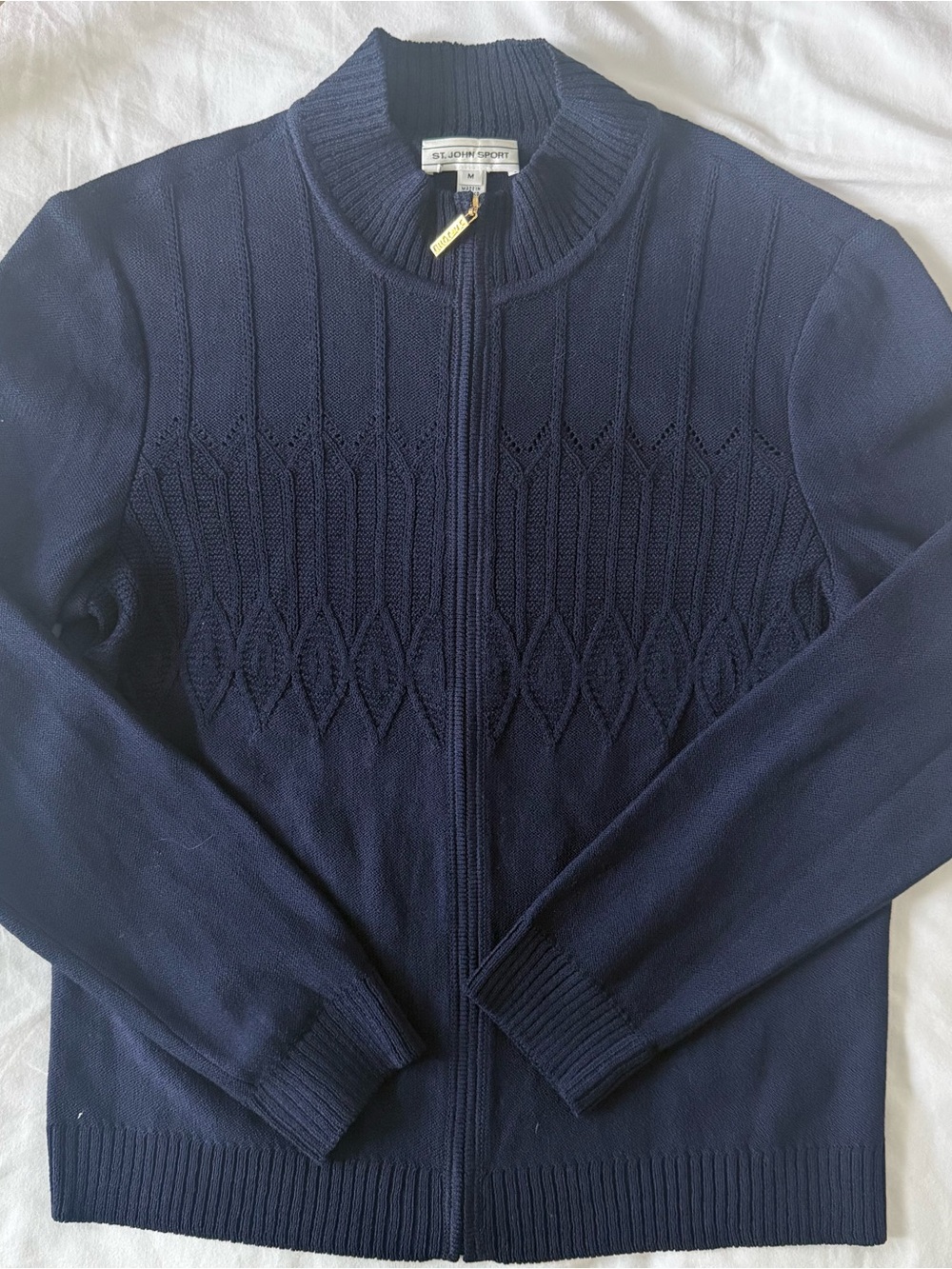 St. John Sport Navy Blue Wool Rayon Full Zip Cardigan Sweater‎ Santana knit Sz M